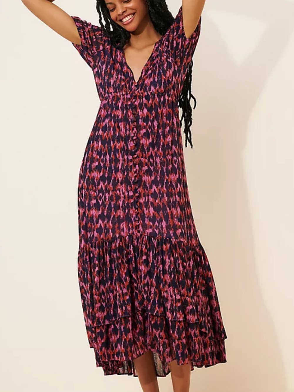 Anthropologie Printed Ruched Sleeve Maxi Dress XL Abstract Boho Tiered